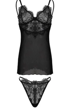 Dkaren Jovita Sheer Black Mesh and Floral Chemise Set