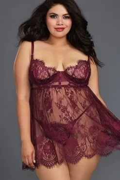 Dreamgirl Mulberry Lace Babydoll With Gstring