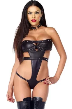 Forplay Faux Leather Studded Cutout Bodysuit